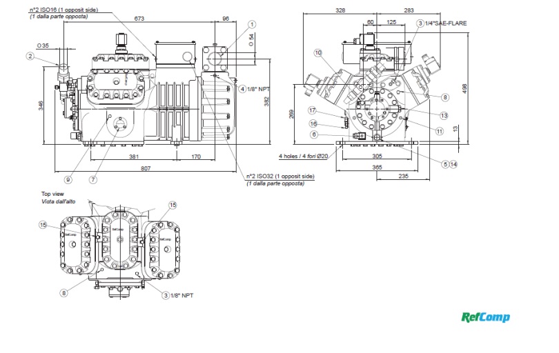 نقشه و مشخصات ابعادی کمپرسور 40 اسب رفکامپ مدل SP-6L4000