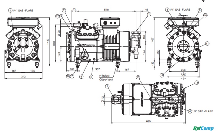 نقشه و مشخصات ابعادی کمپرسور 15 اسب رفکامپ مدل SP-4HF1500