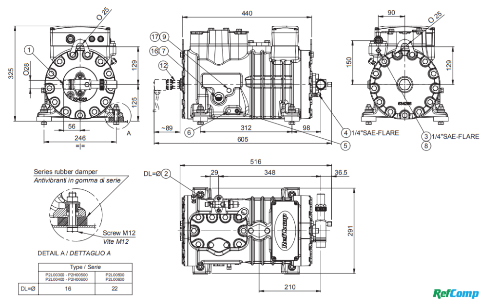 نقشه و مشخصات ابعادی کمپرسور 10 اسب رفکامپ مدل SP-4HF1000