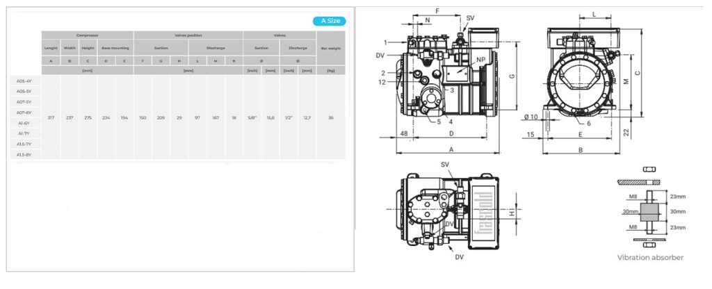 مشخصات ابعاد و وزن کمپرسور فراسکلد A05-5Y